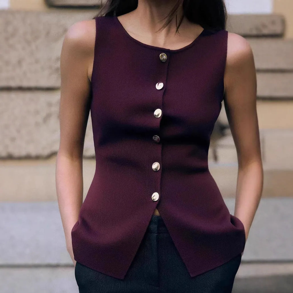 Dark red slim fit sweater vest with gold buttons and 3D pattern on mannequin