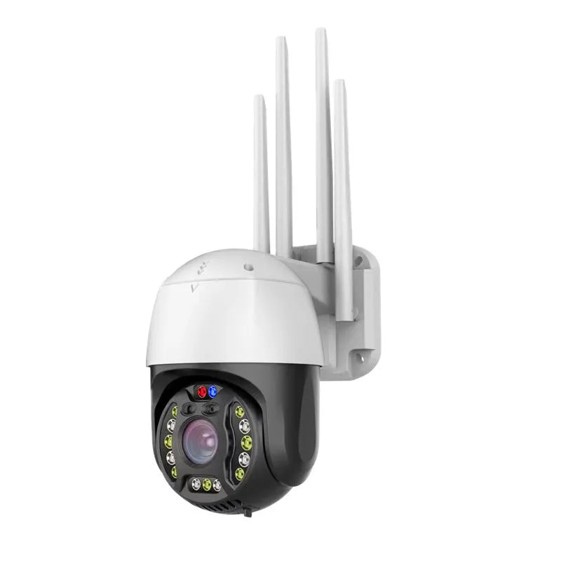 White outdoor dome security camera with 360-degree rotation on a wall mount.