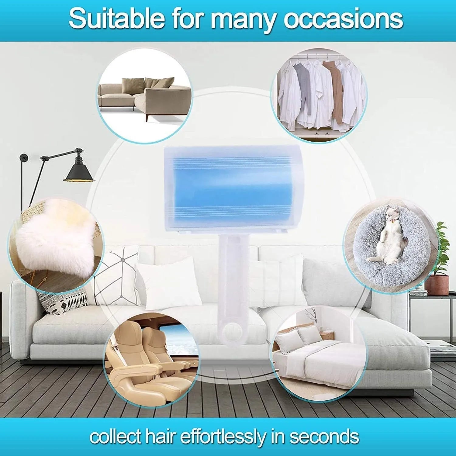 Blue washable reusable lint roller with cover for removing pet hair from fabrics
