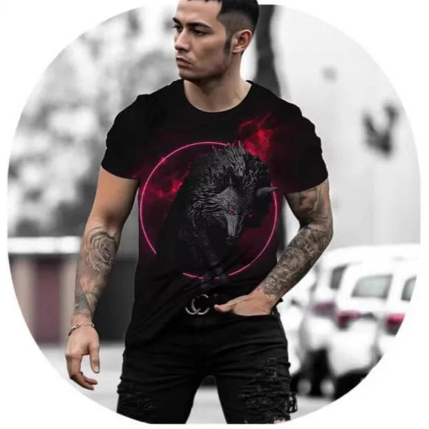 Retro style men's t-shirt with a 3D animal pattern print, short sleeves, and a pullover neck.