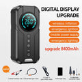 Black wireless portable car air pump with digital display, 6000mAh battery, and accessories including hose and conversion heads