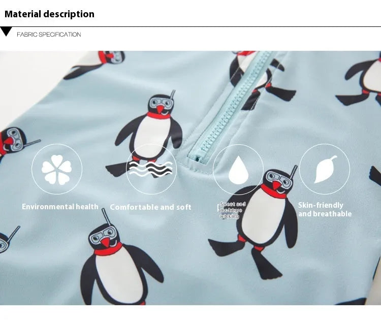 Boy's penguin print long sleeve one-piece swimsuit with matching swimming cap set