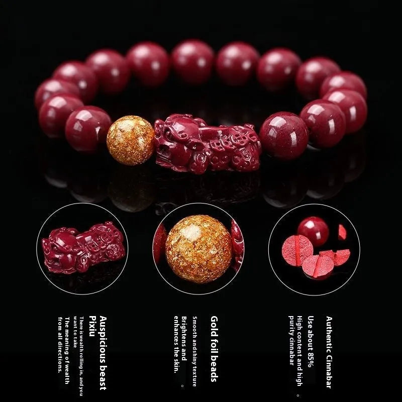 Purple Gold Sandstone Cinnabar bracelet with Totem design on a wrist, showing polished beads.