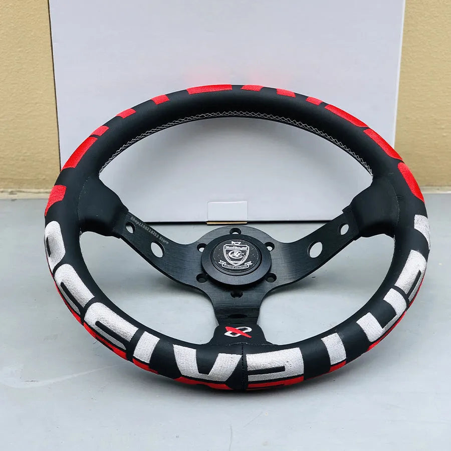 Red 350mm alloy racing steering wheel for universal car conversion