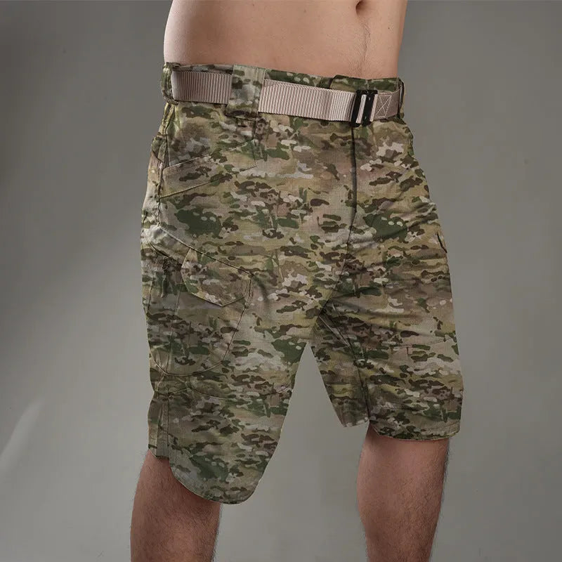 Men's cotton blend tactical shorts in camouflage pattern for outdoor hiking.