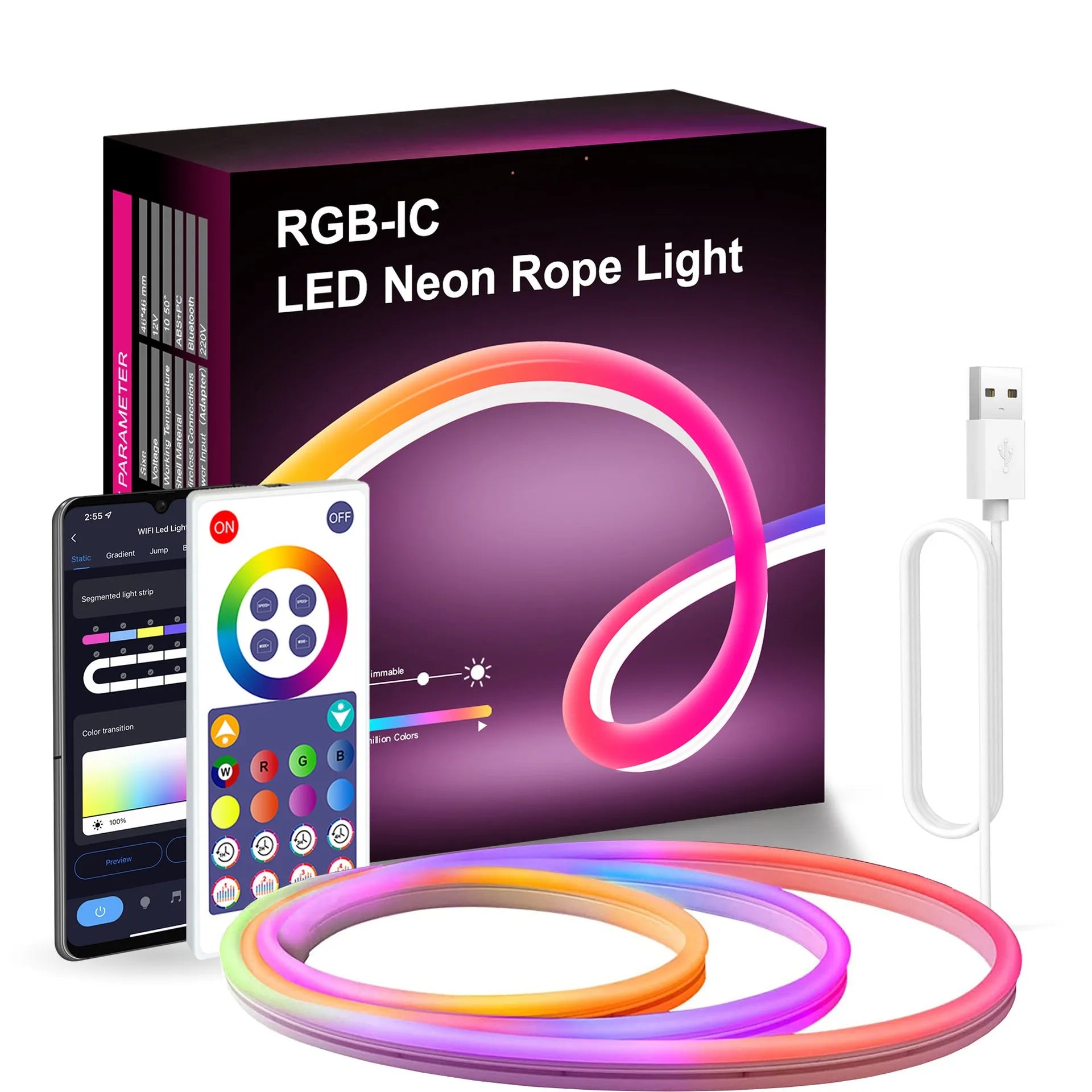 3 metre long blue and pink magic colour USB LED neon light strip with a remote control.