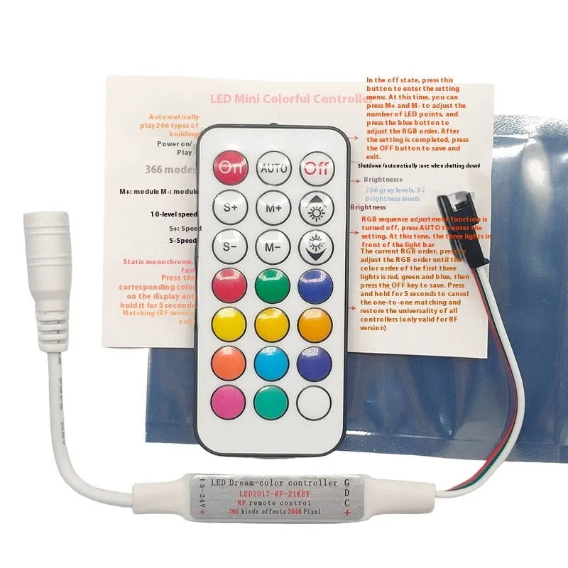 Magic Color LED light controller with 5-24V rating, plastic body, and choice of USB or DC plug and 14, 17 or 21 key remote