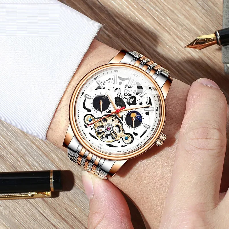 Men's fashion tourbillon mechanical watch with waterproof construction and luminous details