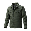 Men's quilted polo collar jacket in army green, showing the cotton lining and mid-length sleeve cut.