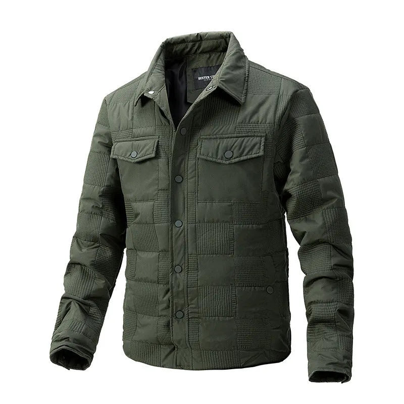 Men's quilted polo collar jacket in army green, showing the cotton lining and mid-length sleeve cut.