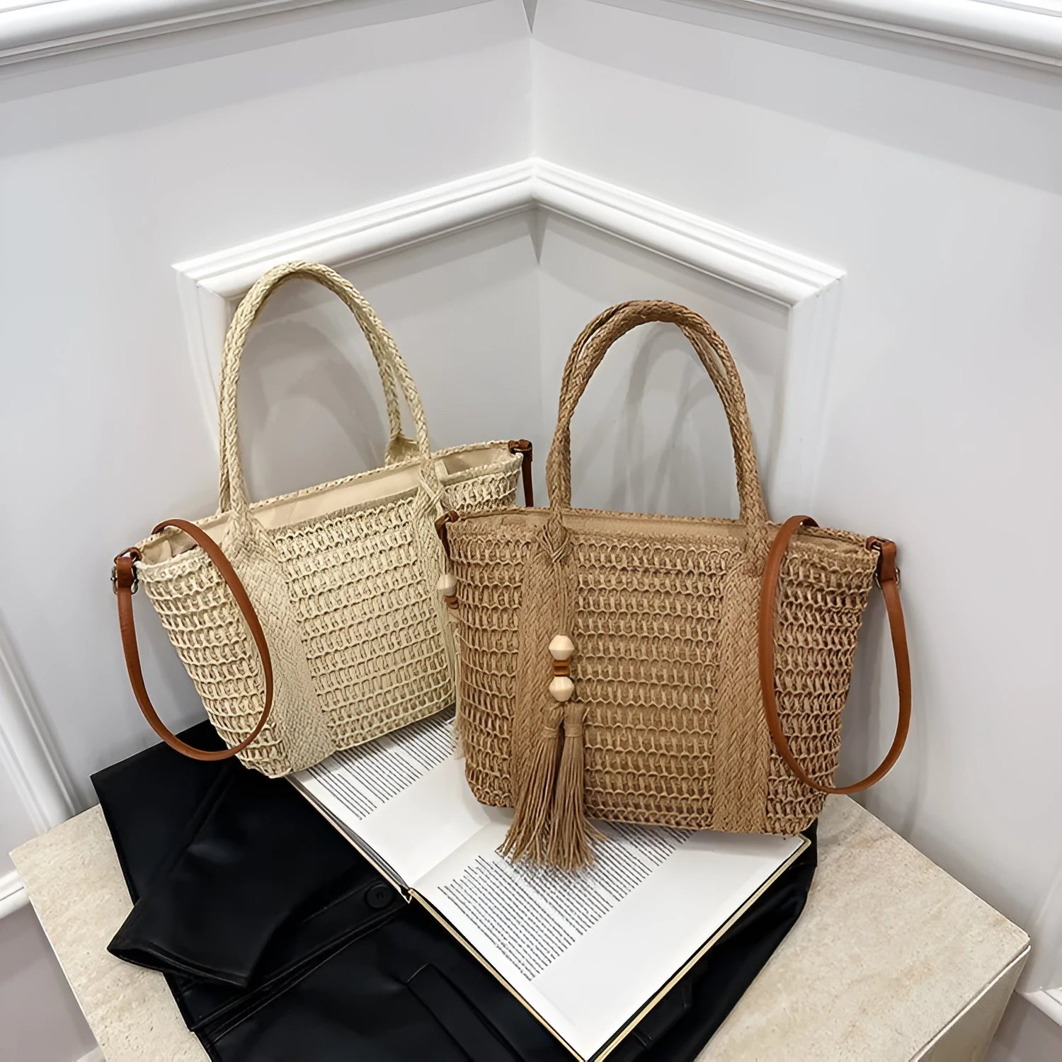 Women's soft straw crossbody bag with diagonal grass weave in milky white or khaki colour