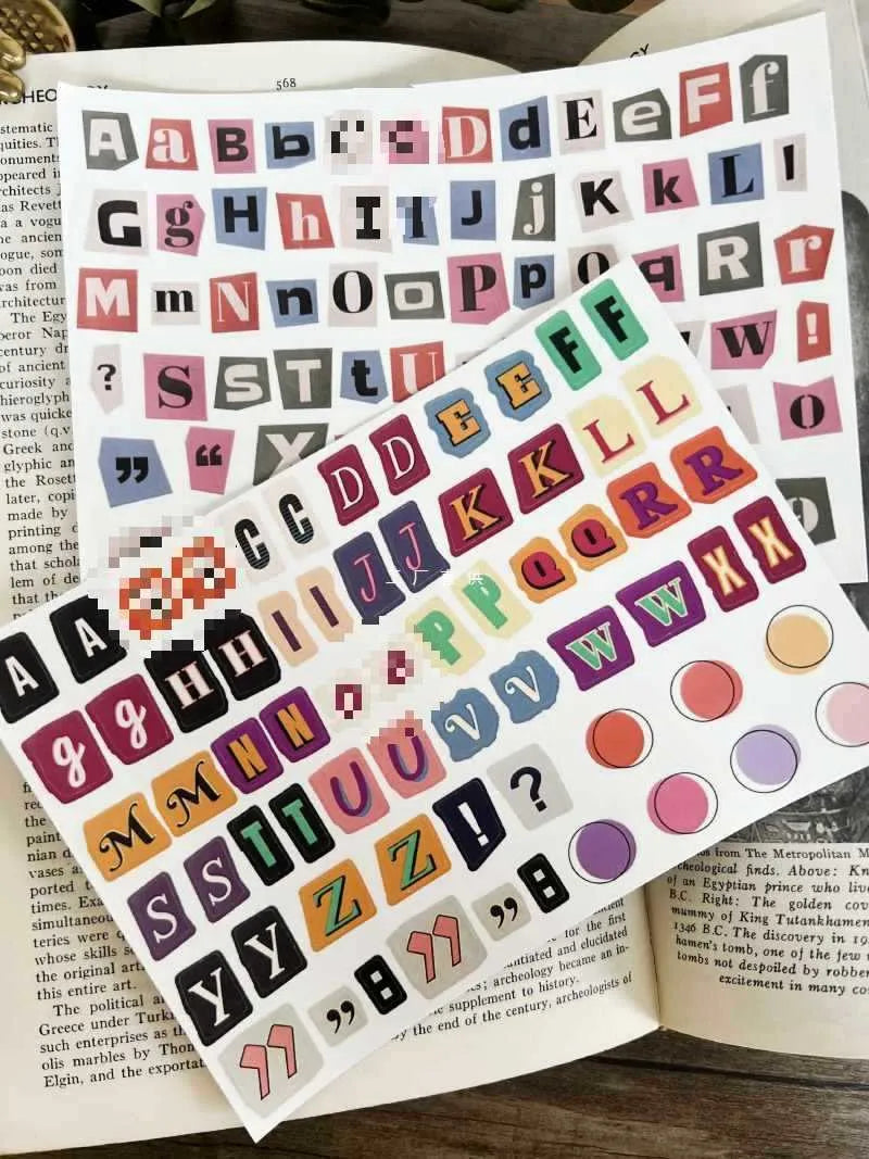 Set of cute style decorative stickers showing English letters, numbers, symbols, and weekly words.