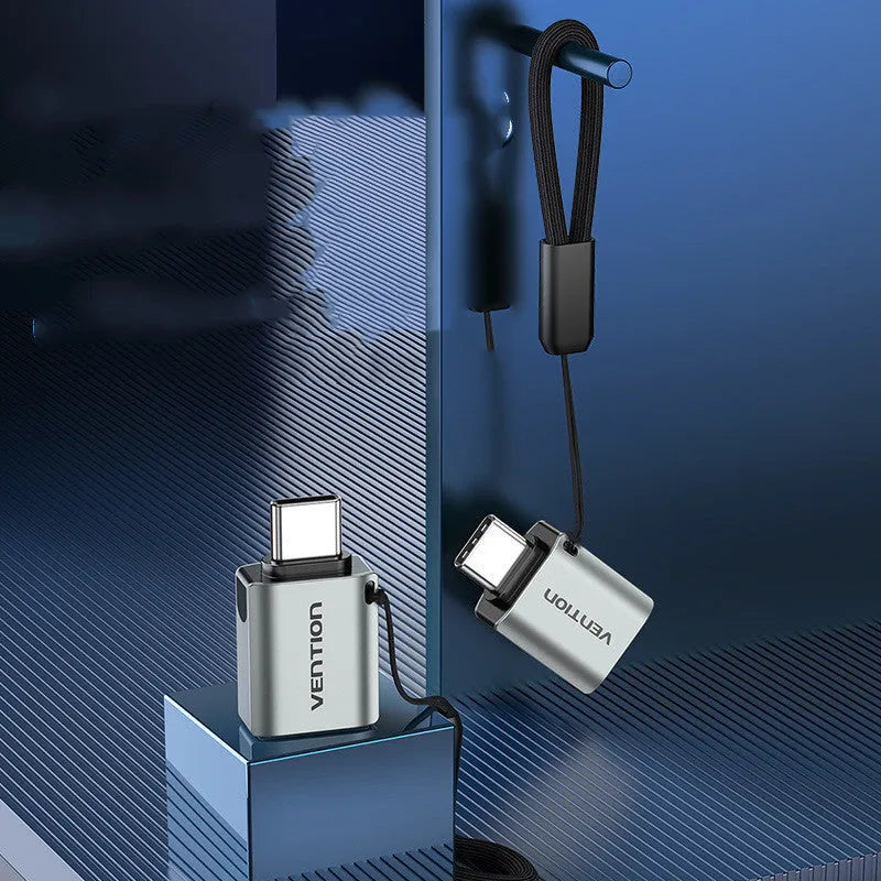 Grey aluminium alloy USB 3.0 Type-C male to Type-A female OTG adapter with lanyard