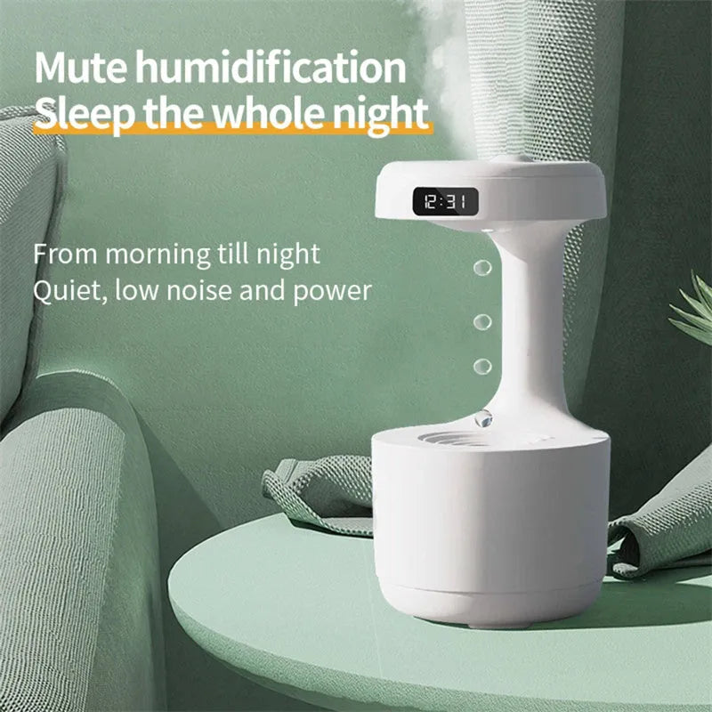 Bedroom anti-gravity humidifier with clock and backflow aroma diffuser in white plastic on desk with LED display