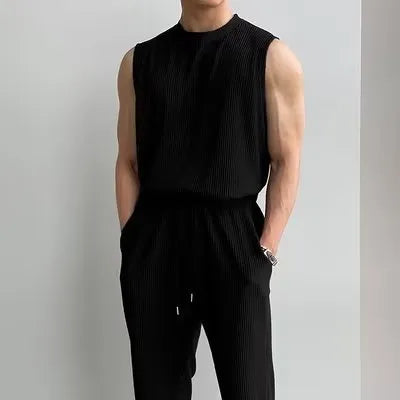 Men's polyester sleeveless tank top and trousers two-piece sportswear suit in t14 beige
