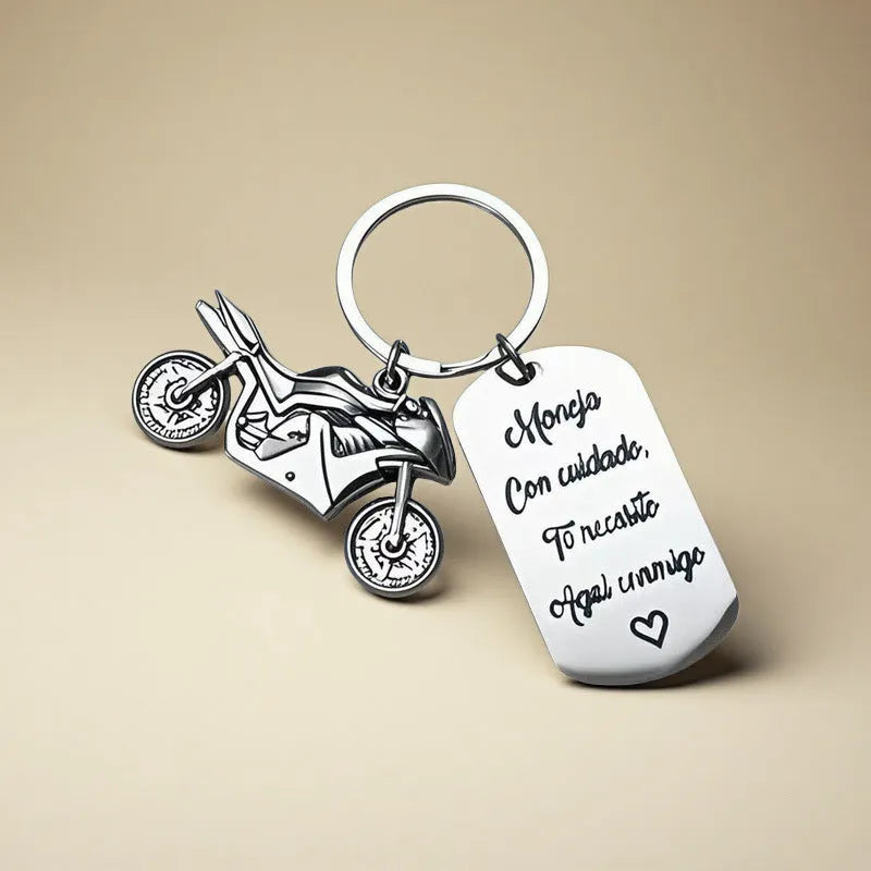 Stainless steel motorcycle keychain with inspirational design and protective flannel drawstring bag