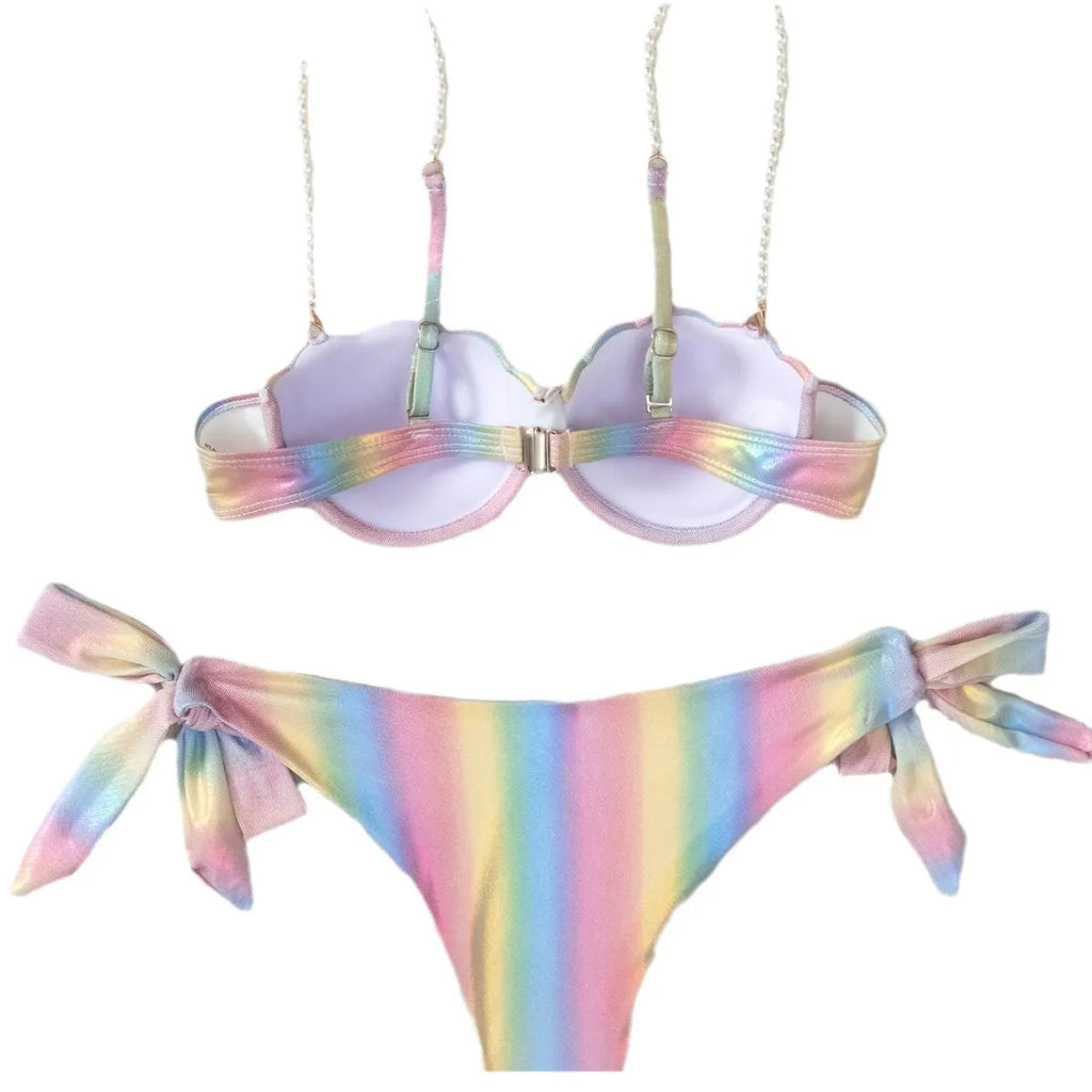 Women's rainbow shell pattern bikini swimsuit with split design and tied elements