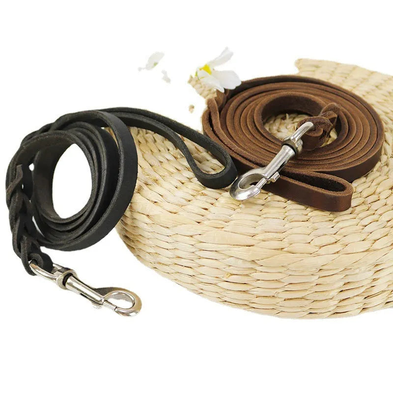 Cowhide leather dog walking rope in light brown or black, showing thickened 1.2cm width and length options for large breeds