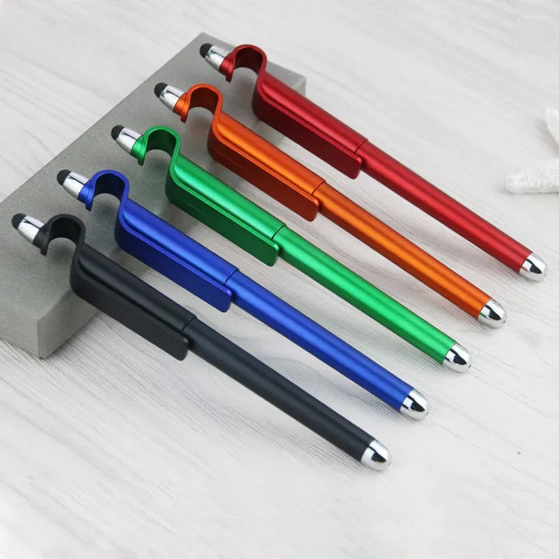 Touchscreen pen with integrated mobile phone holder showing 0.5mm tip and black/blue refill options