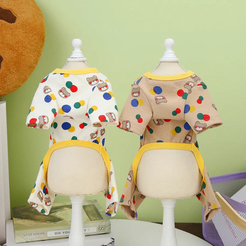 Dog wearing ball bear design cotton blend pet clothes in beige colour