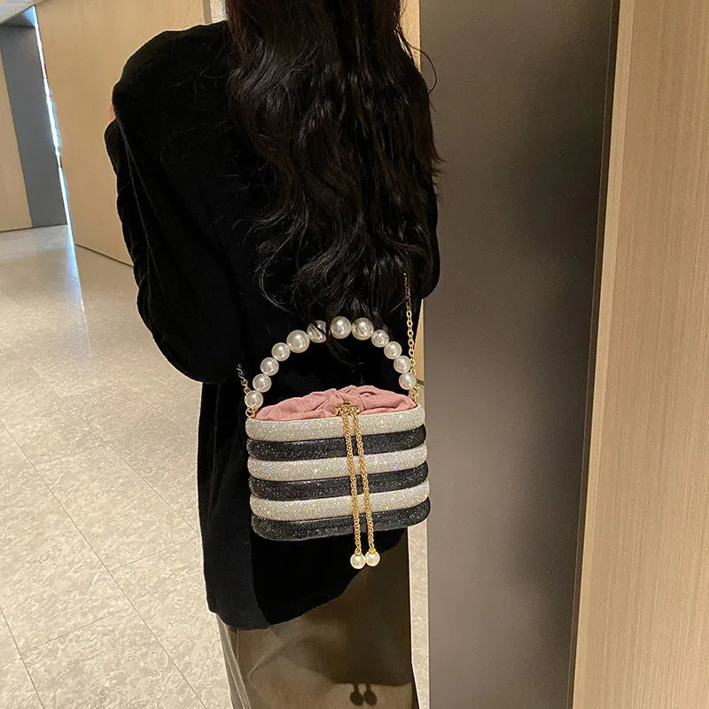 Women's retro crossbody dinner bag with pearl bead detailing in soft PU material