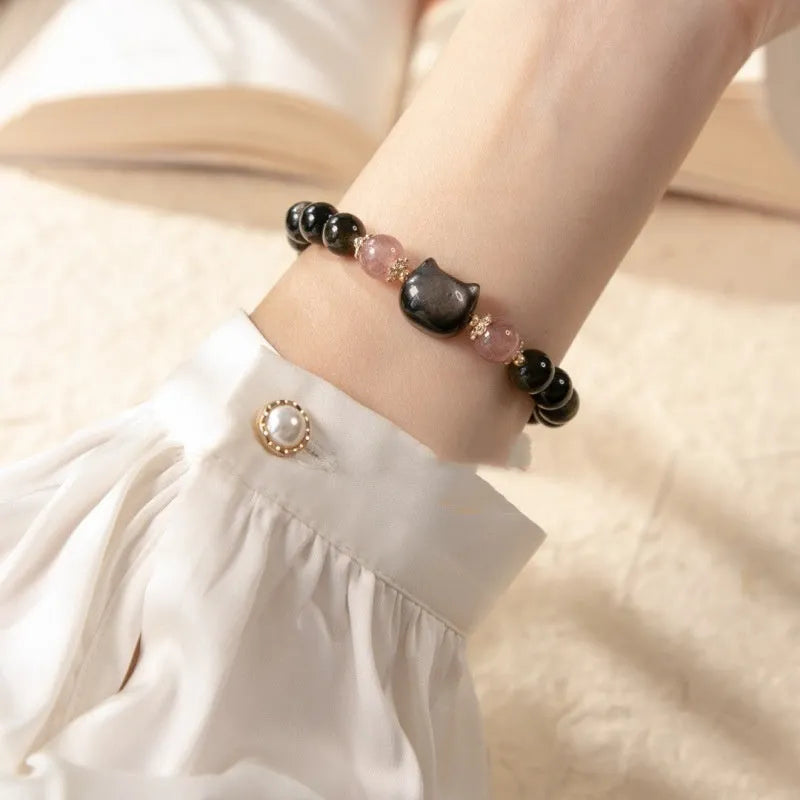 Black obsidian 8mm bead stretch bracelet with silver kitty charm accessory