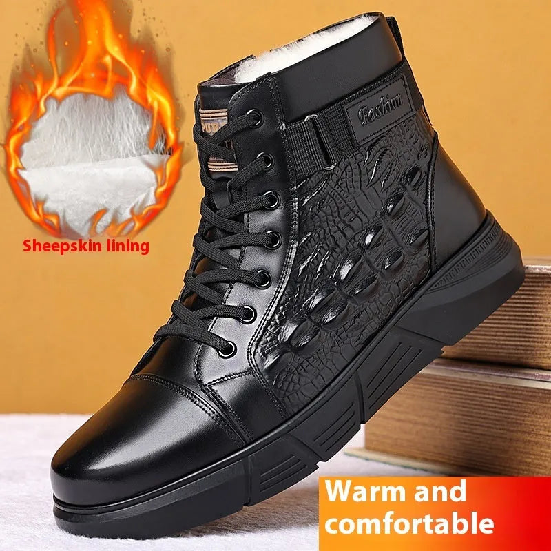 Men's black genuine leather winter boots with fur lining and lace-up front