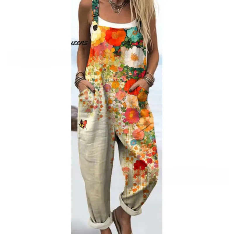 Women's digital print button suspender trousers, straight leg, mid waist, polyester, sizes S-5XL