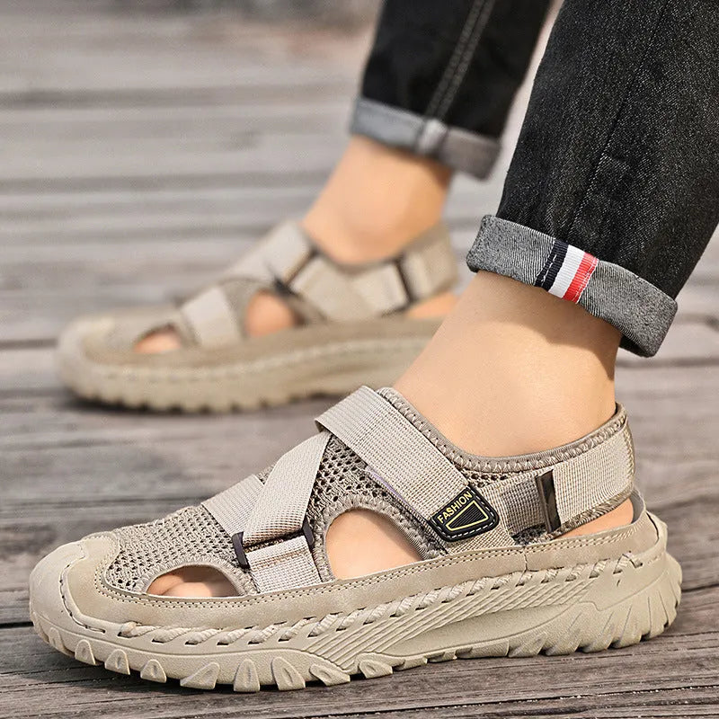 Men's grey genuine leather casual sandals with breathable mesh lining and elastic band closure