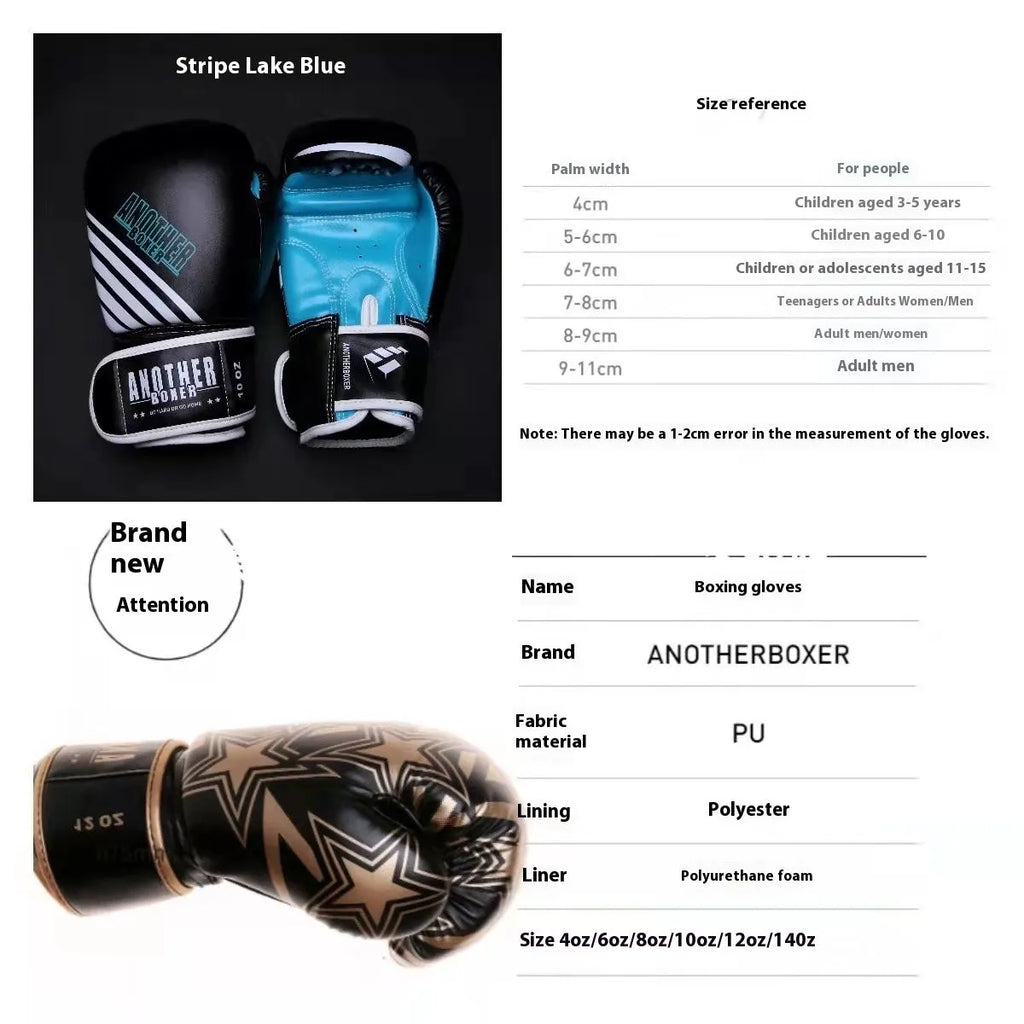 Children's boxing sanda gloves in gold, red, white, green, and lake blue star designs, showing size options from 4oz to 14oz.