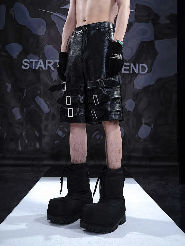 Men's black PU leather cropped pants with ring detailing in medium low waist design