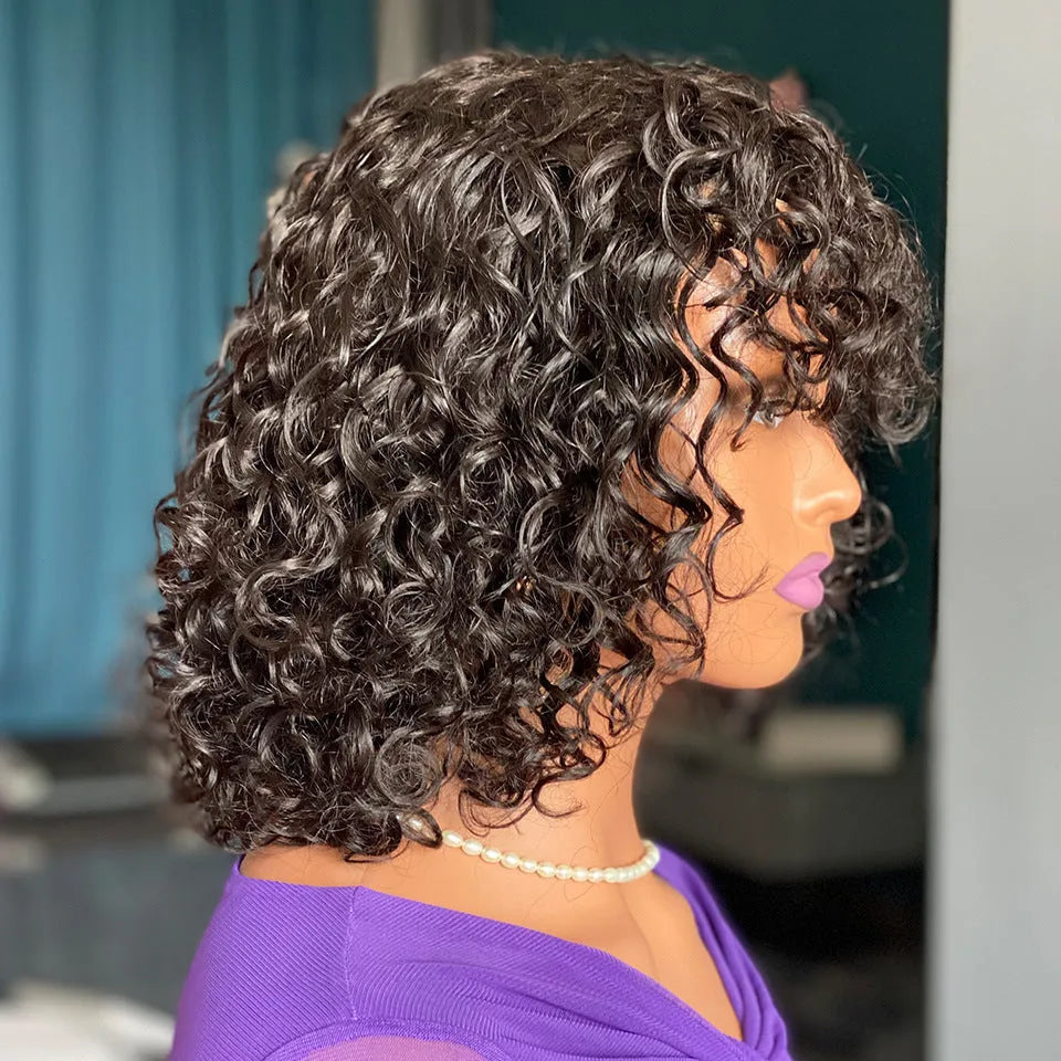 Black deep curly fringe human hair wig with bangs on a mannequin head, 12 inch length