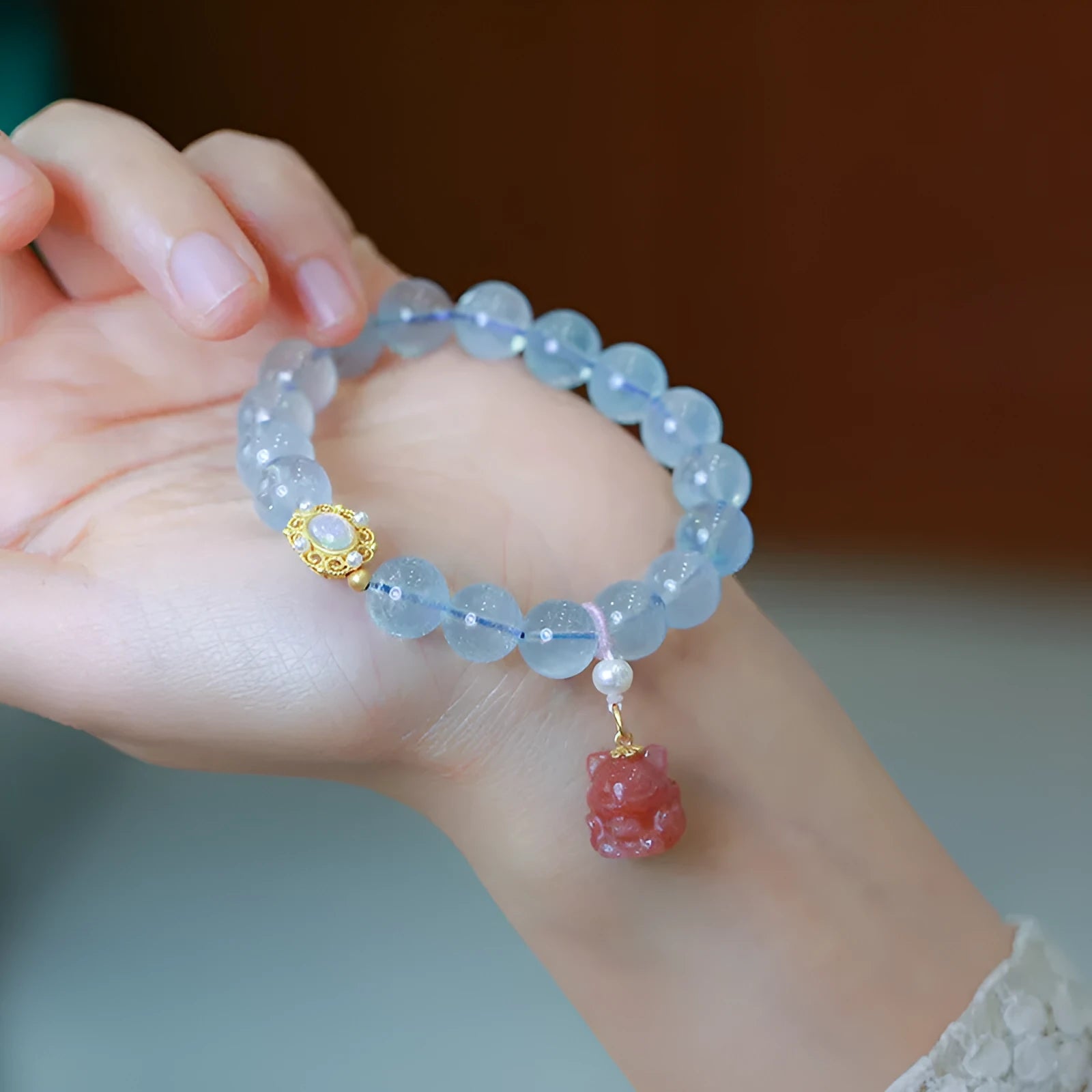 Aquamarine Chinese style Fengjiu DIY bracelet with pearl and pink crystal clip for women.