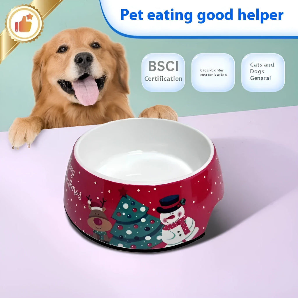Red Christmas-themed double layer pet bowl with stainless steel insert for dogs and cats