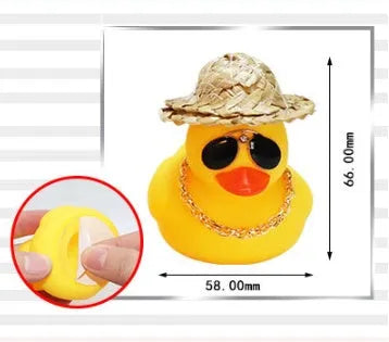Yellow cartoon duck with straw hat car dashboard ornament with base glue and sunglasses necklace