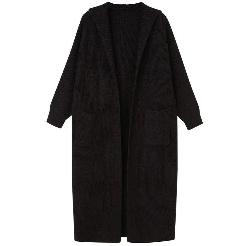 Long grey knitted cardigan hooded trench coat with cashmere wool blend fabric shown front view