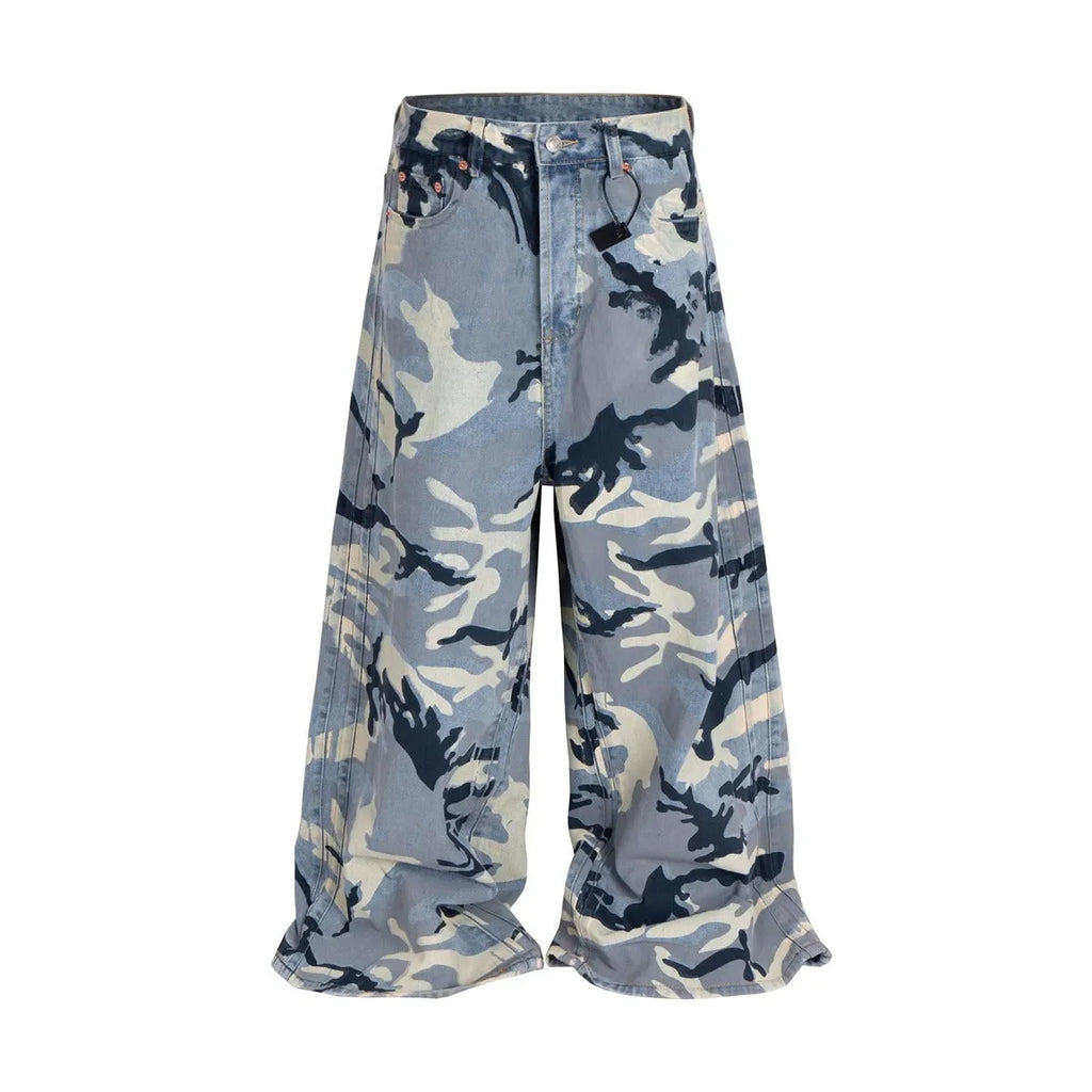 Snow camouflage blue loose fit jeans for men and women in cotton denim with micro-elastic fabric