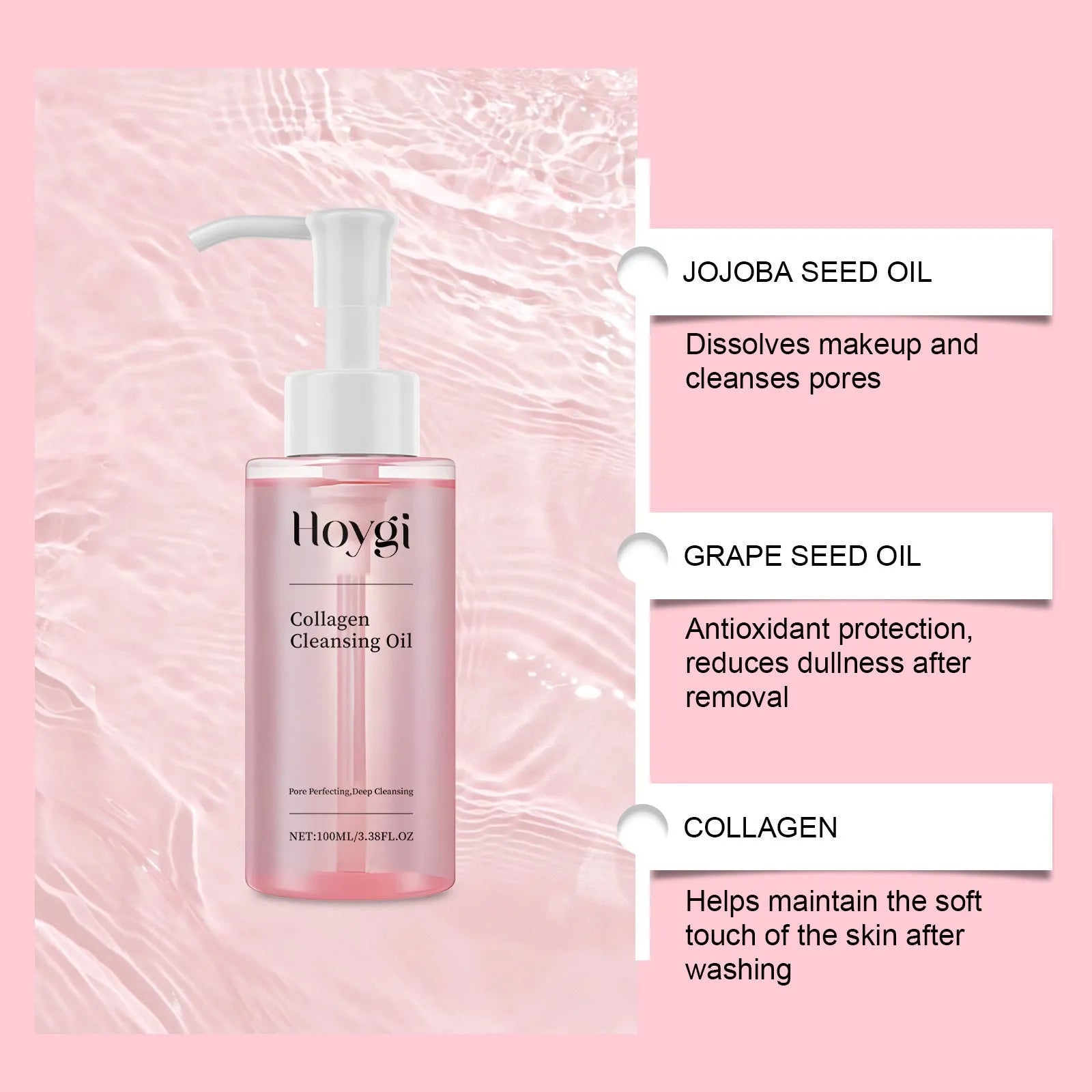 Collagen cleansing oil bottle 100ml with jojoba and grape seed oils as makeup remover