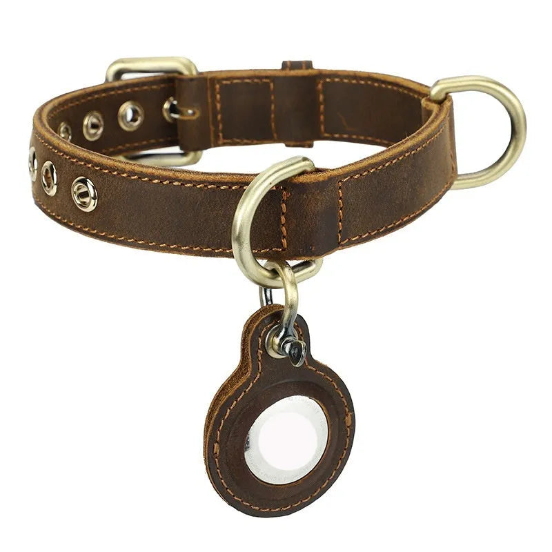 Brown handmade double-sided cowhide dog collar showing halter positioning and tracking features