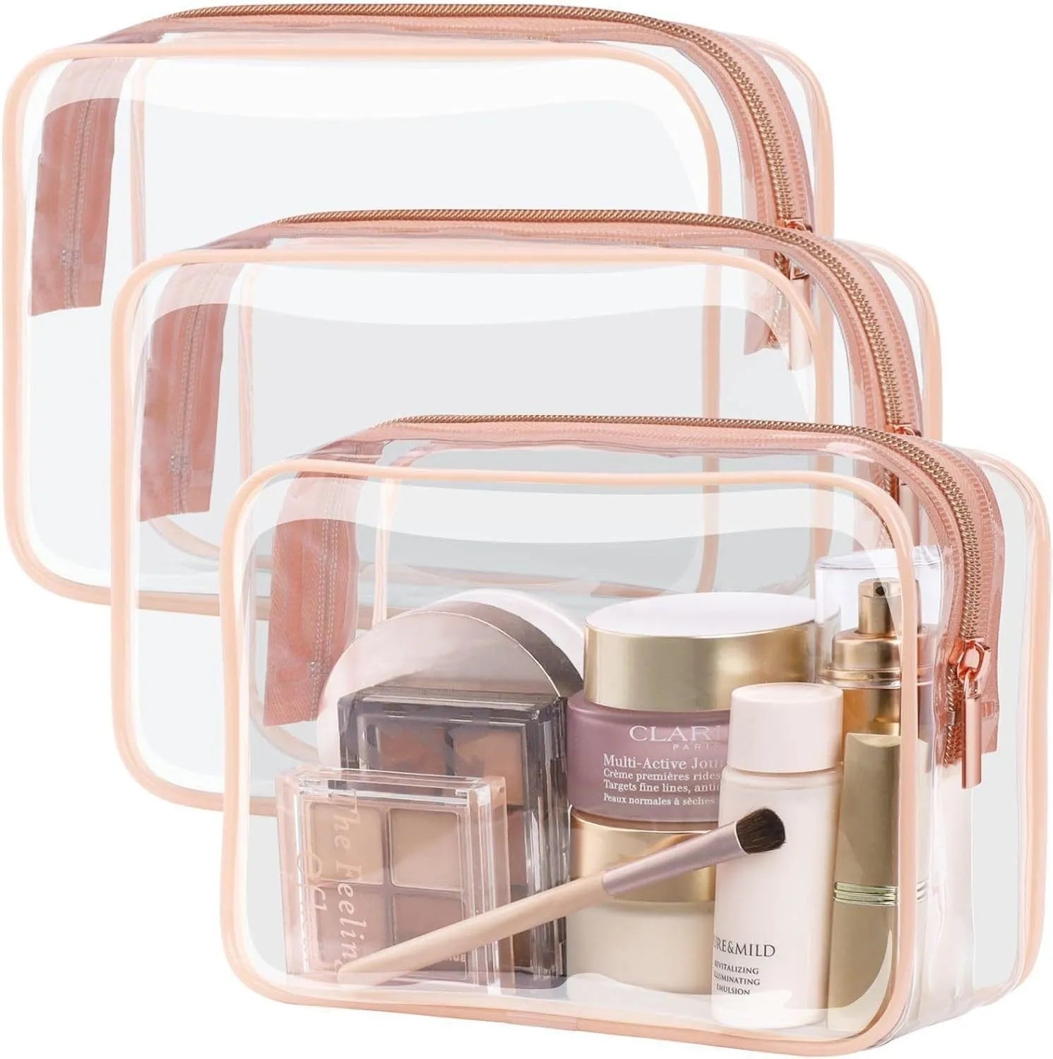 PVC transparent makeup bag set showing three semi-transparent bags in L and XL sizes