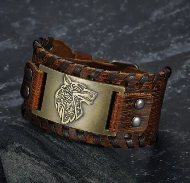 Asgard Fenrir leather buckle arm cuff, unisex punk geometric bracelet, 27.5cm length, 3.8cm width