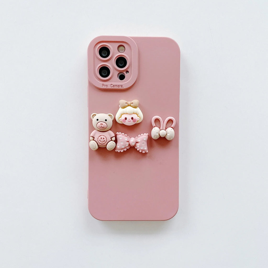 Women's decorative iPhone case with a raised three-dimensional doll bear design on a TPU protective cover.