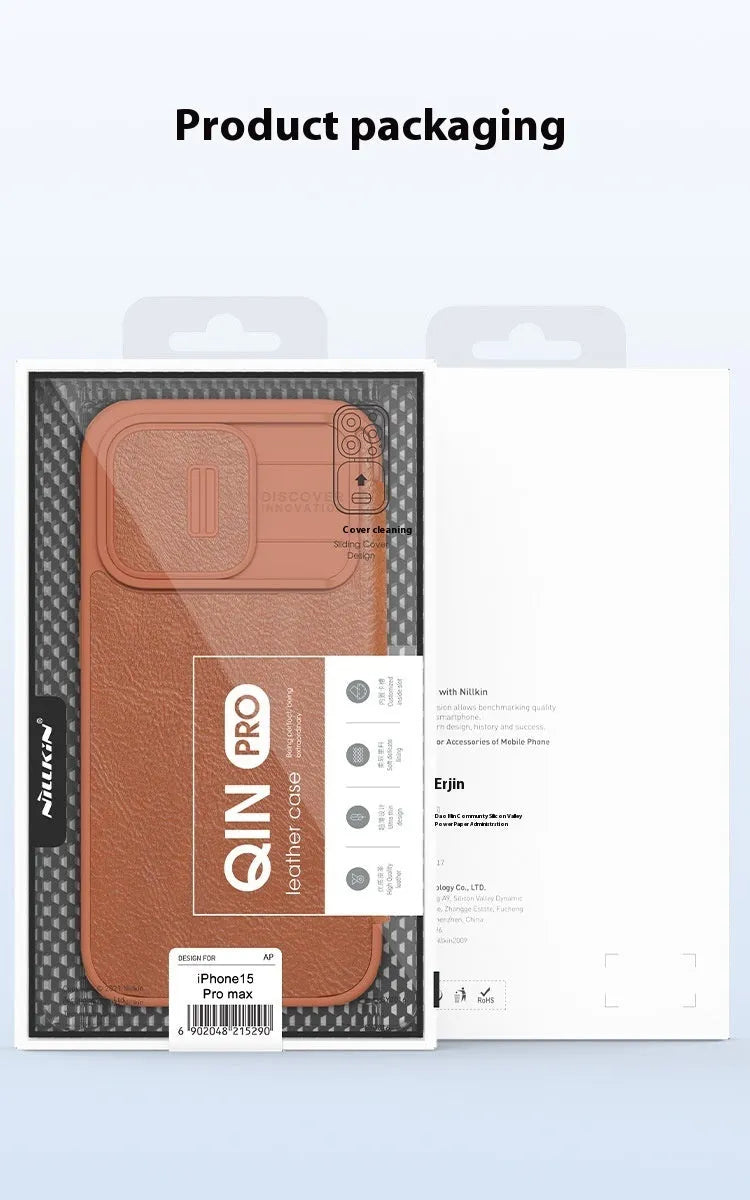 Imitation leather flip phone case for iPhone, shown in black, brown, and red colour options.