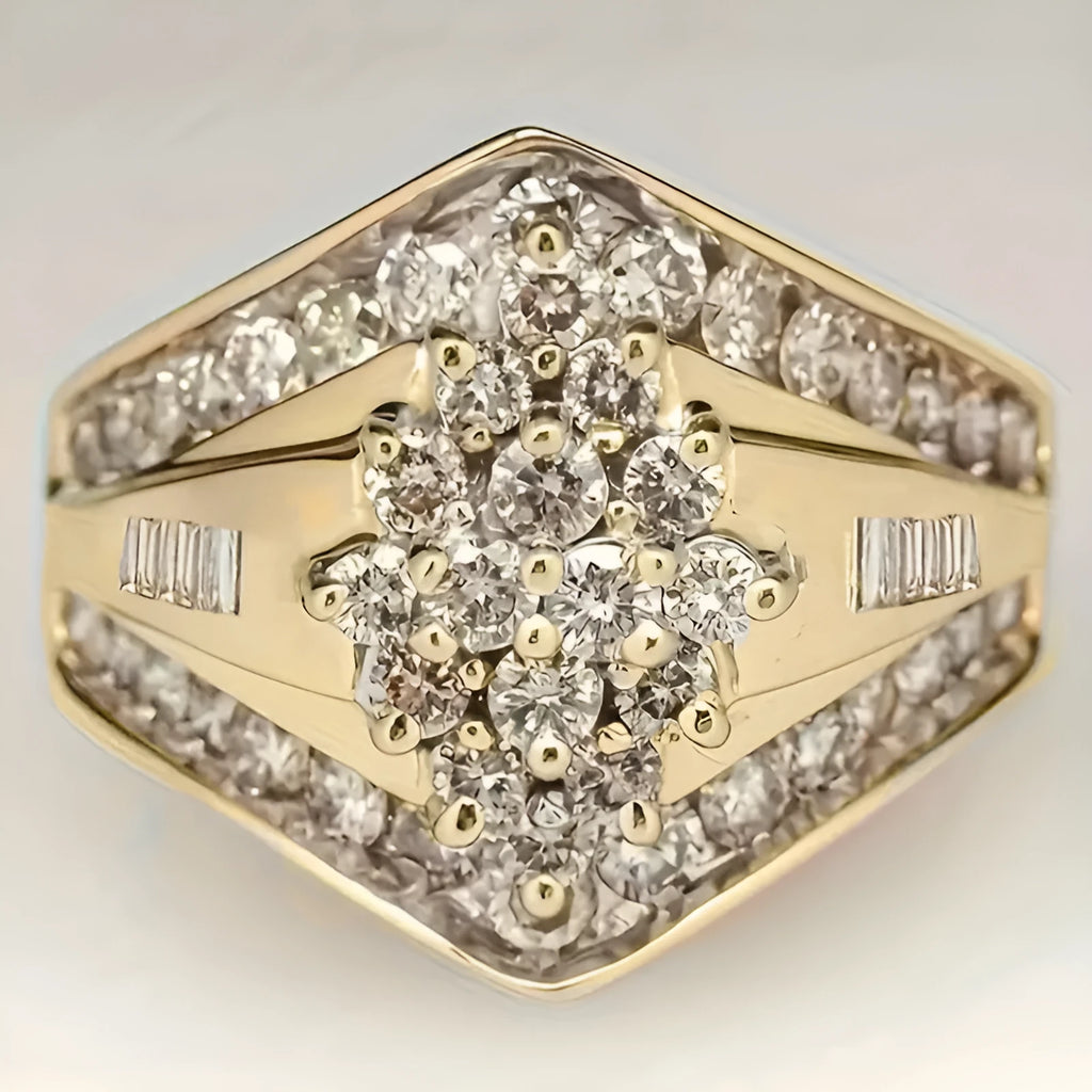 Gold electroplated geometric heavy industry ring on copper base showing palace style design details