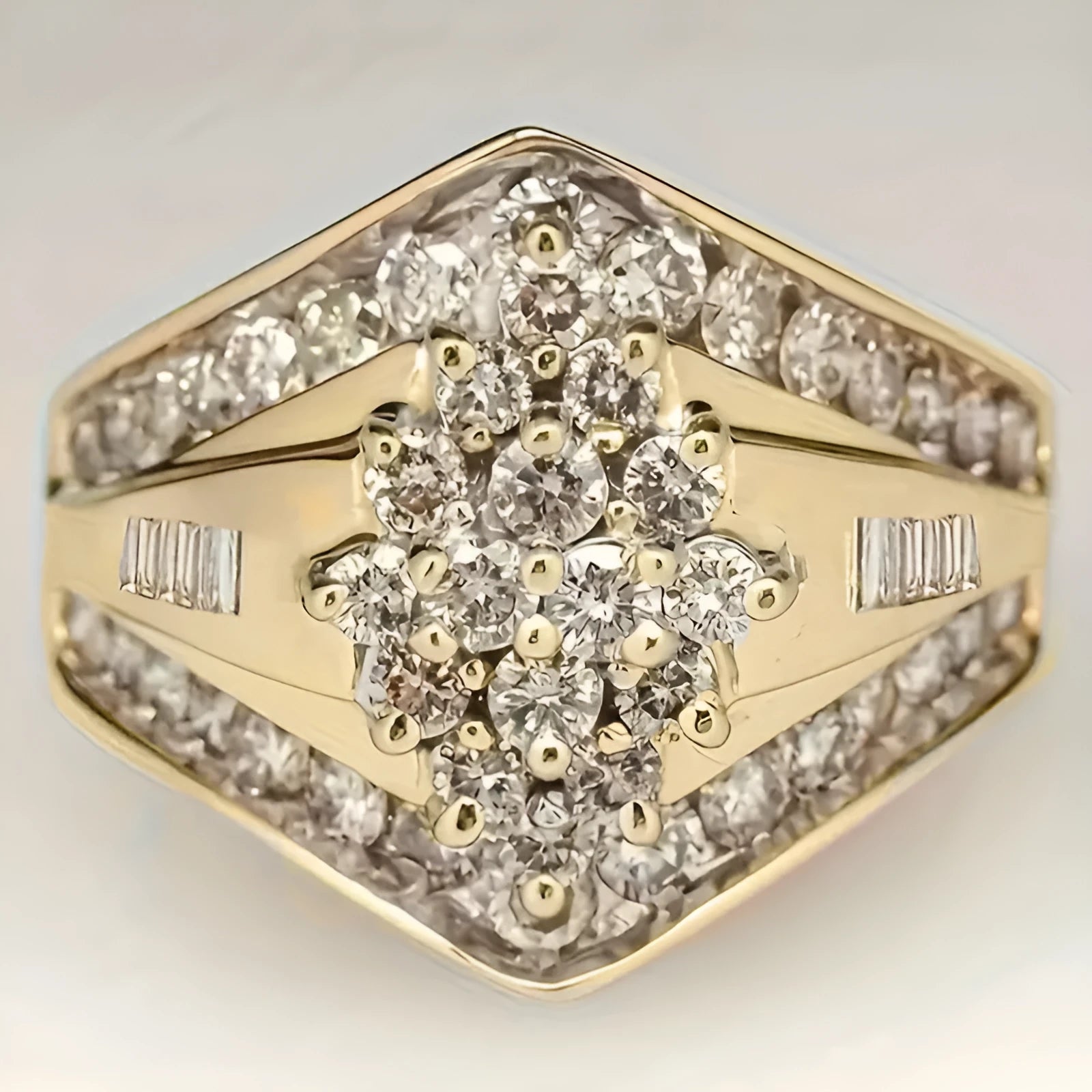 Gold electroplated geometric heavy industry ring on copper base showing palace style design details