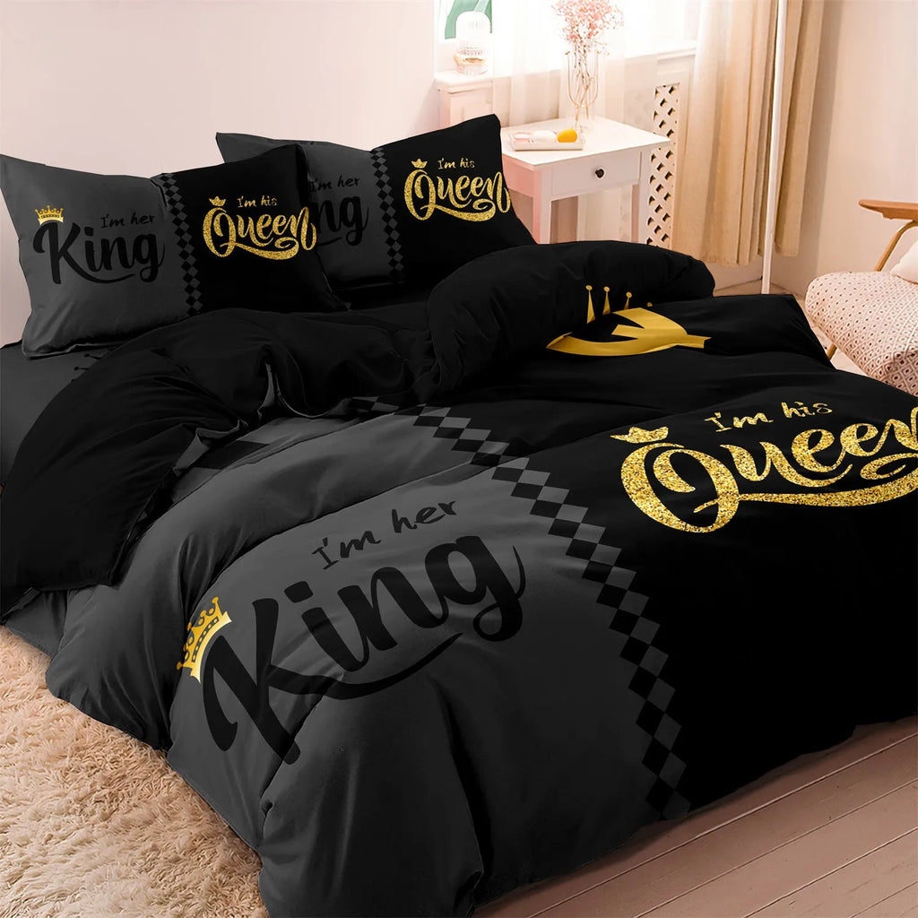 Three piece Crown English digital printed quilt cover set in light gray with pattern, on a bed