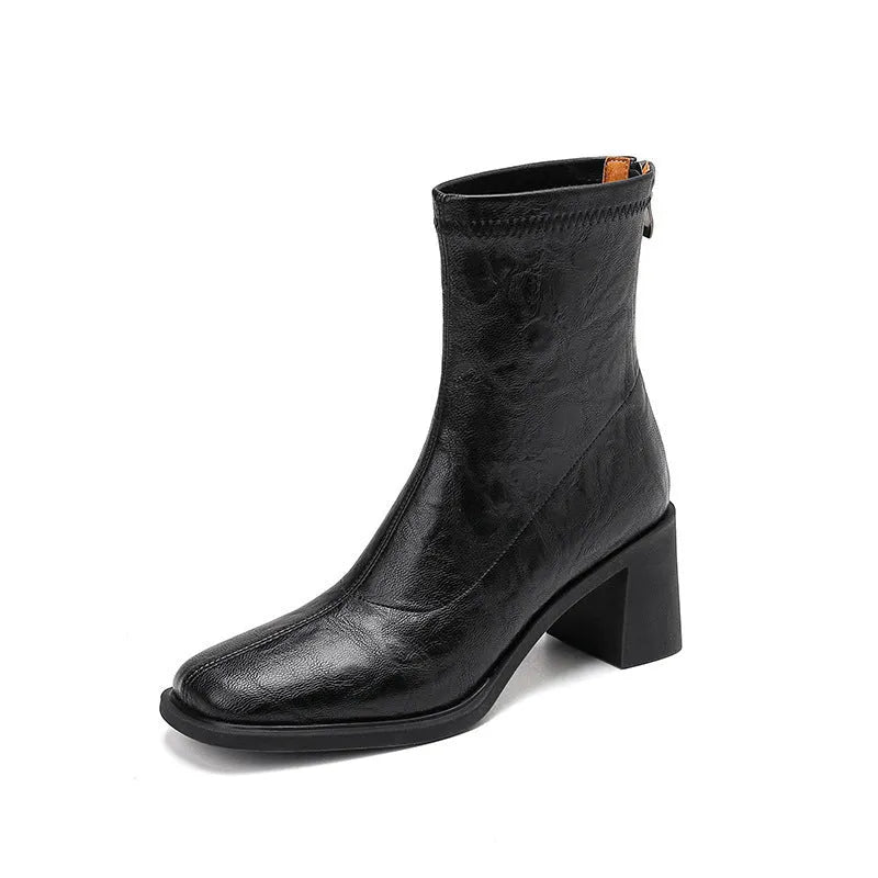 Commuter high heel stretch retro boots with chunky heel and back zipper in black single lining