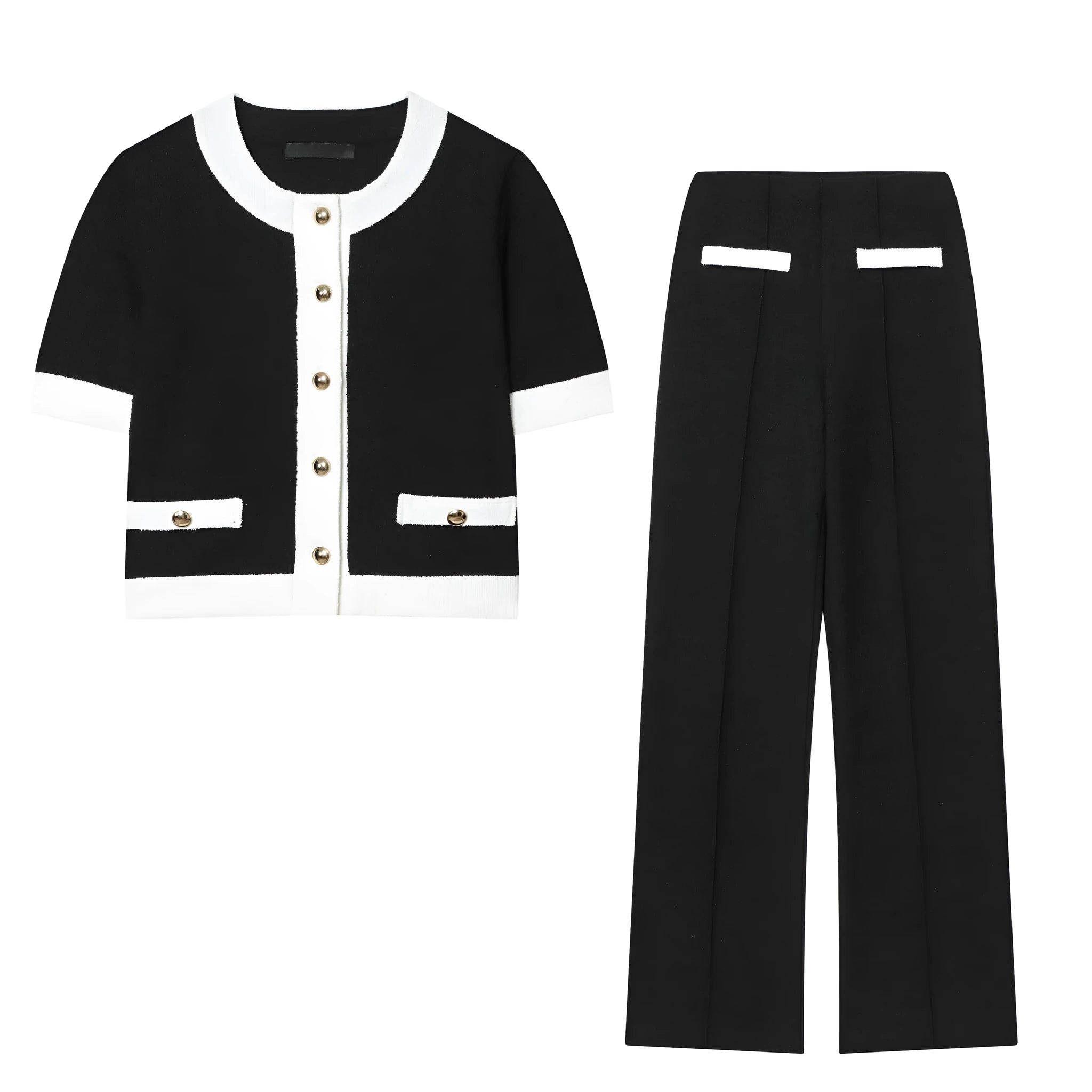 Polyester contrast colour beaded leather round neck top with matching high-waisted trousers suit set