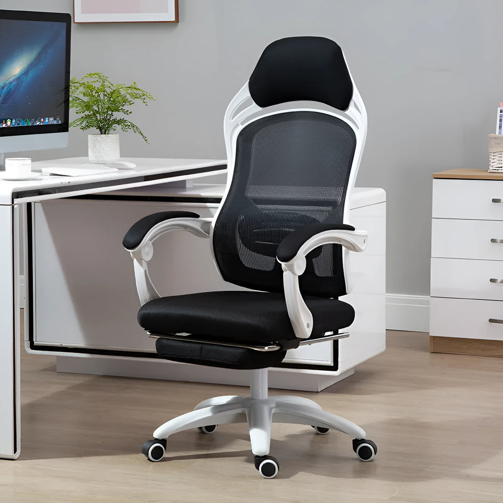 Black ergonomic computer gaming chair with linkage armrests and rotating office design