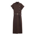 Brown women's belted dress with hood, long sleeves, and pleated irregular skirt in knitted mercerised cotton